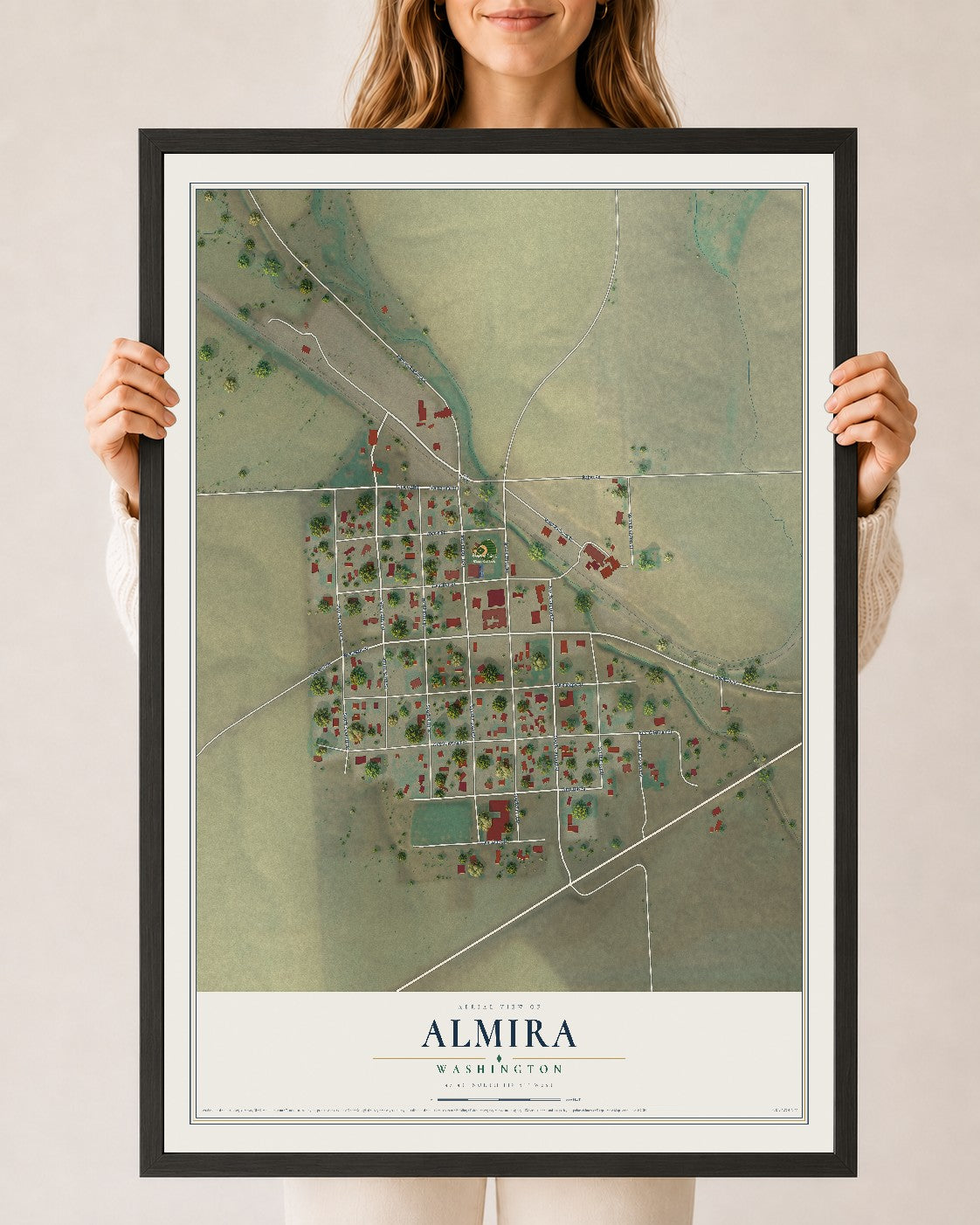 Map of Almira, Washington, 24 x 36 inch print in a black wood frame