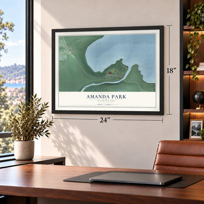 Amanda Park, Washington map, 18 x 24 inch print in a black frame in a home office