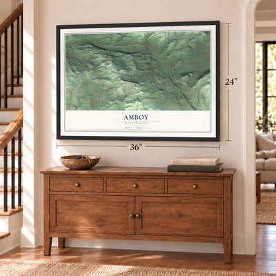 Amboy, Washington map, 24 x 36 inch print in a black frame above a dresser by a staircase