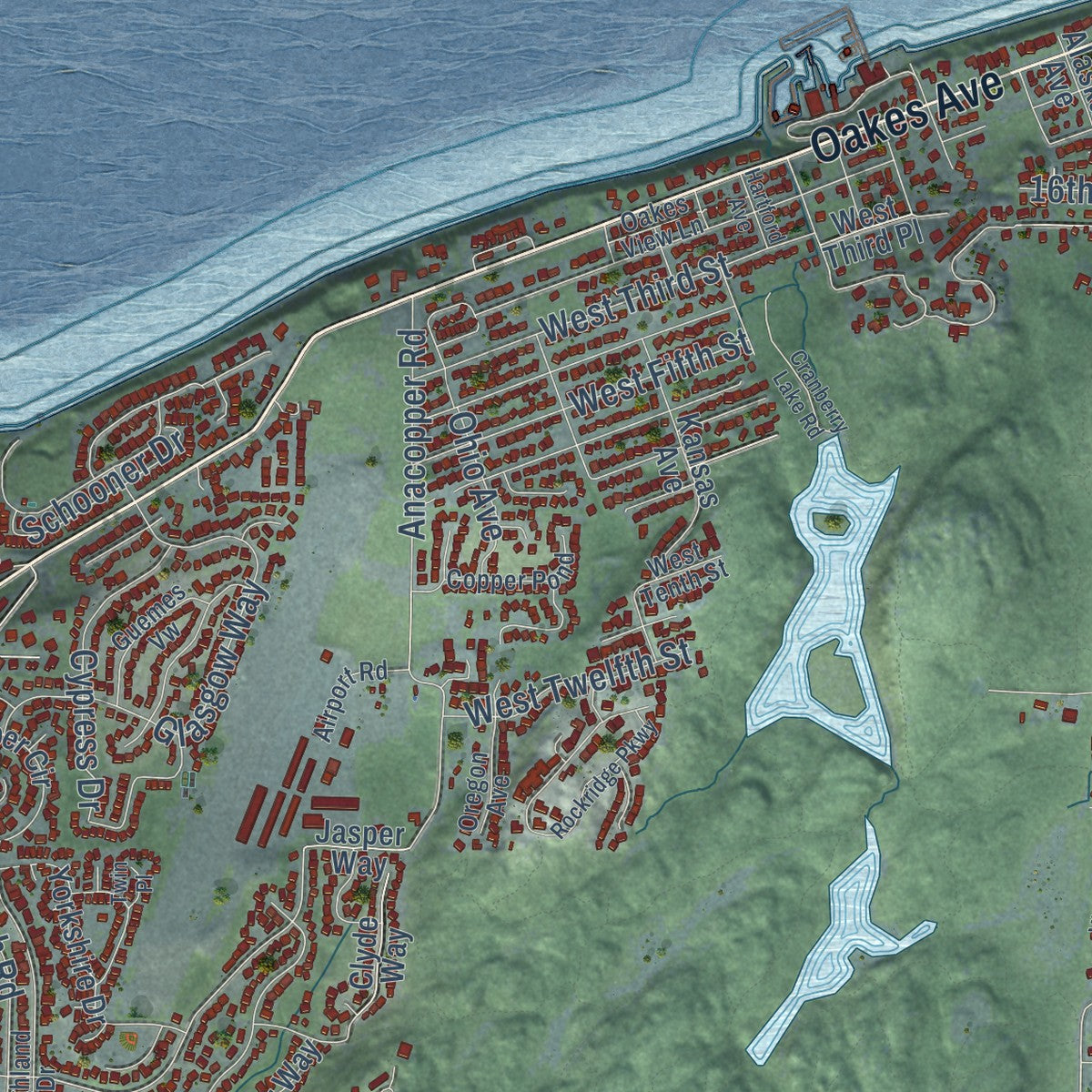Second close-up of the map of Anacortes, Washington print showing more streets and buildings