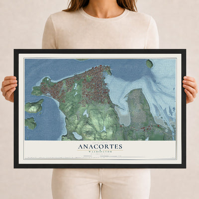Map of Anacortes, Washington, 12 x 18 inch print in a black wood frame