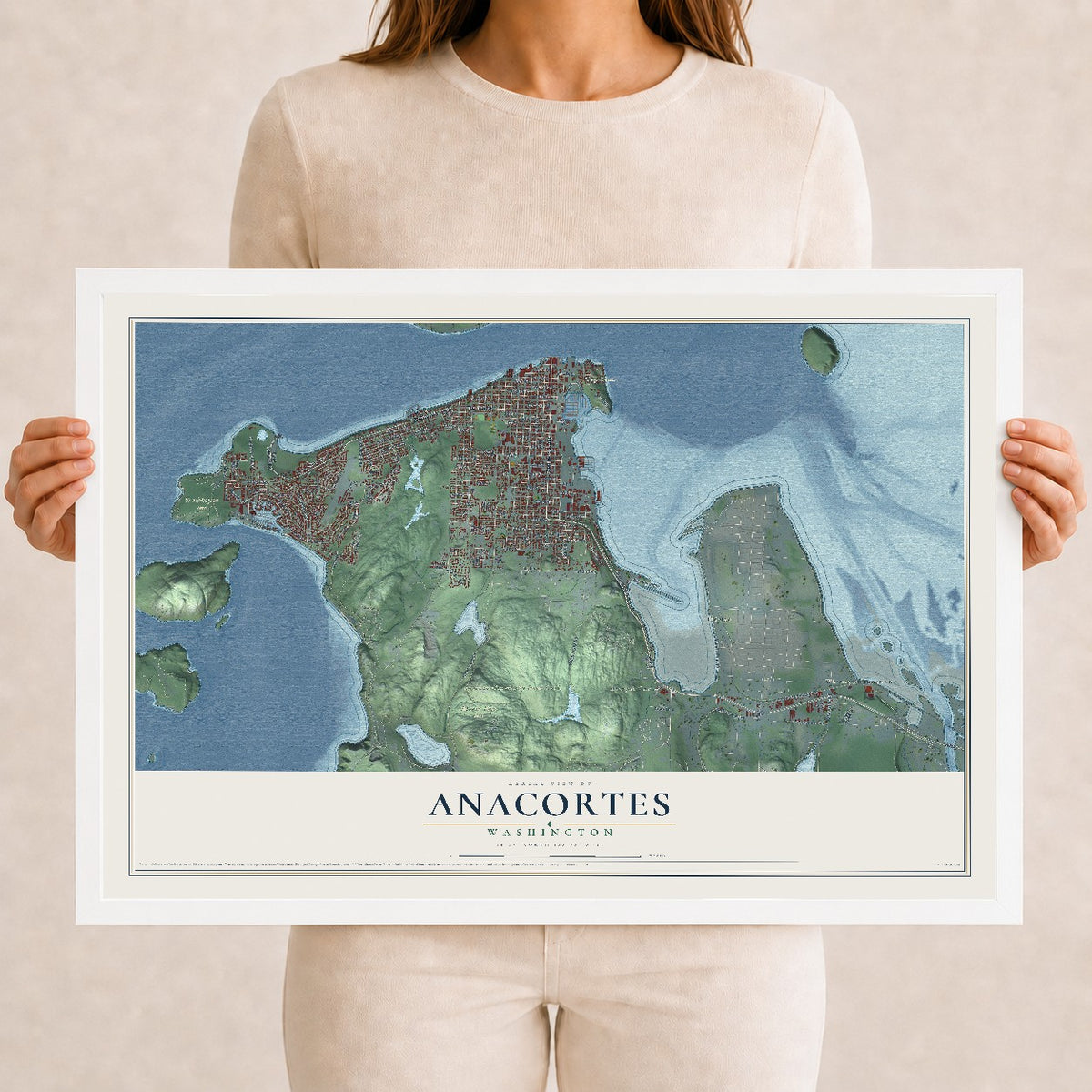 Map of Anacortes, Washington, 12 x 18 inch print in a white wood frame
