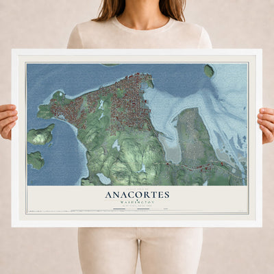 Map of Anacortes, Washington, 18 x 24 inch print in a white wood frame