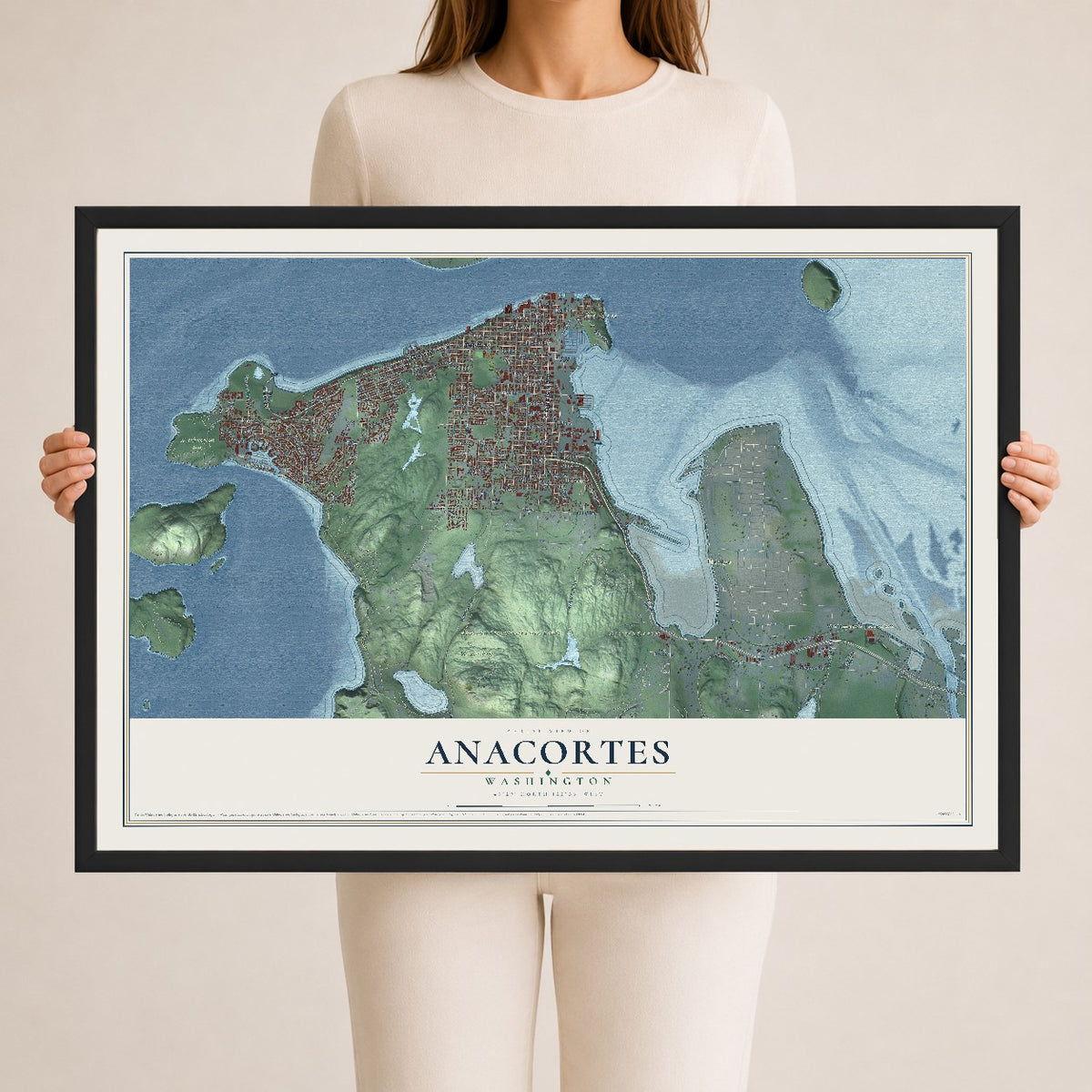 Map of Anacortes, Washington, 24 x 36 inch print in a black wood frame