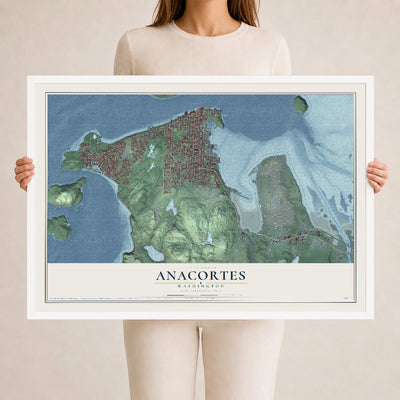Map of Anacortes, Washington, 24 x 36 inch print in a white wood frame