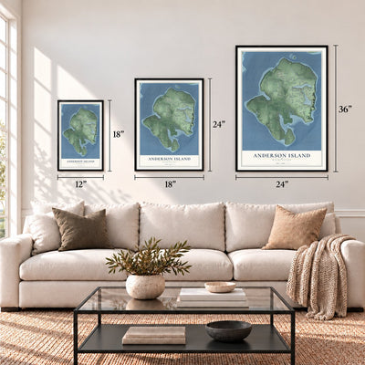 Anderson Island, Washington map in 12 x 18, 18 x 24 and 24 x 36 inch sizes above a sofa