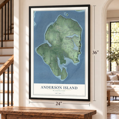 Anderson Island, Washington map, 24 x 36 inch print in a black frame by a staircase