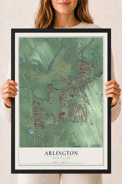 Map of Arlington, Washington, 18 x 24 inch print in a black wood frame