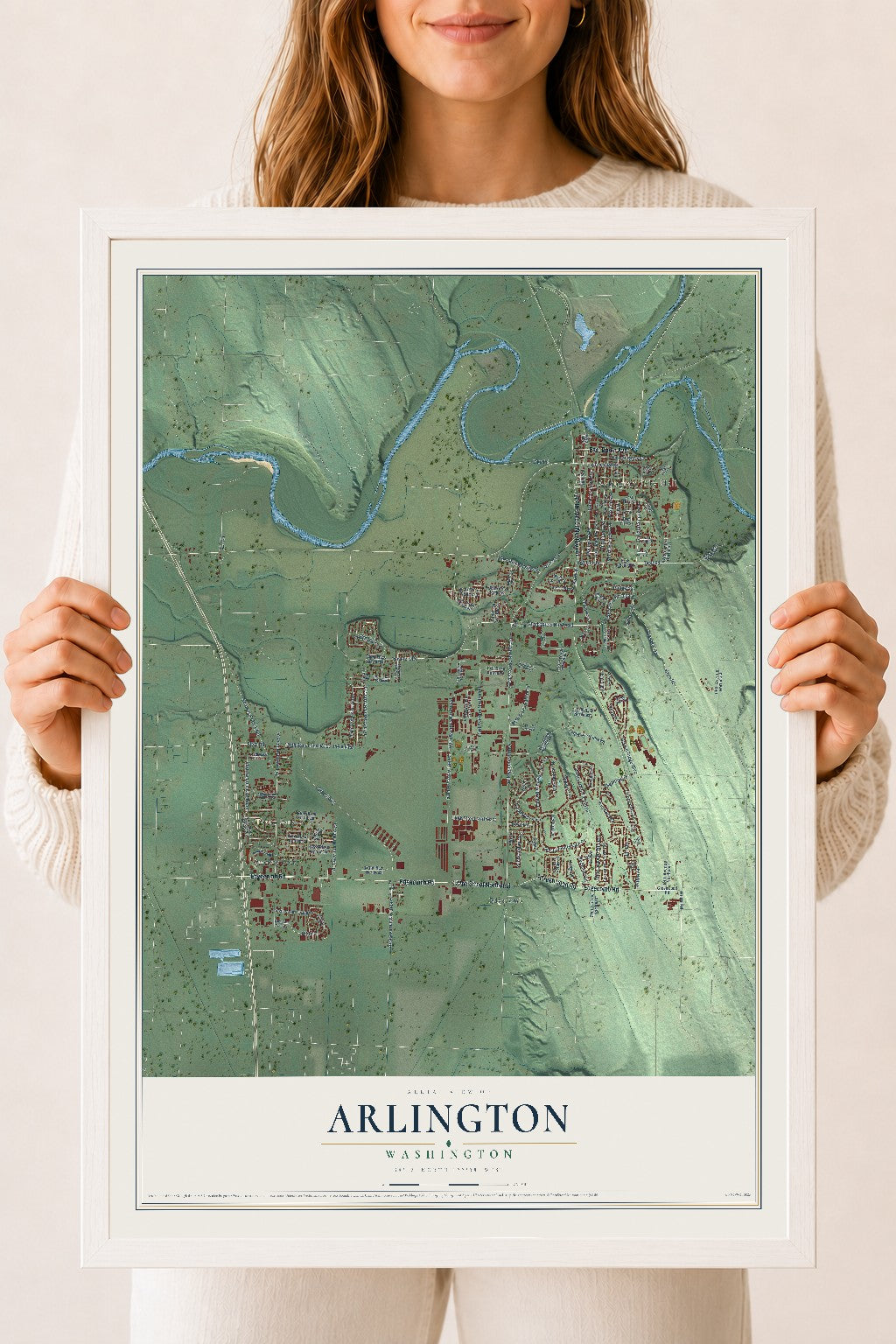 Map of Arlington, Washington, 18 x 24 inch print in a white wood frame