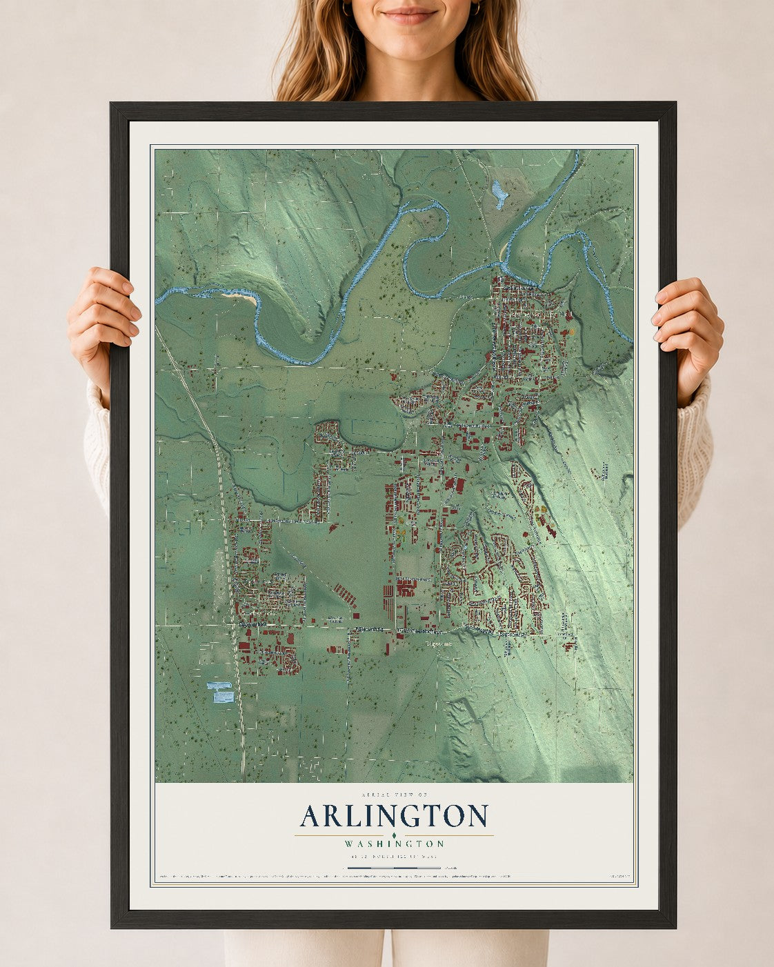 Map of Arlington, Washington, 24 x 36 inch print in a black wood frame