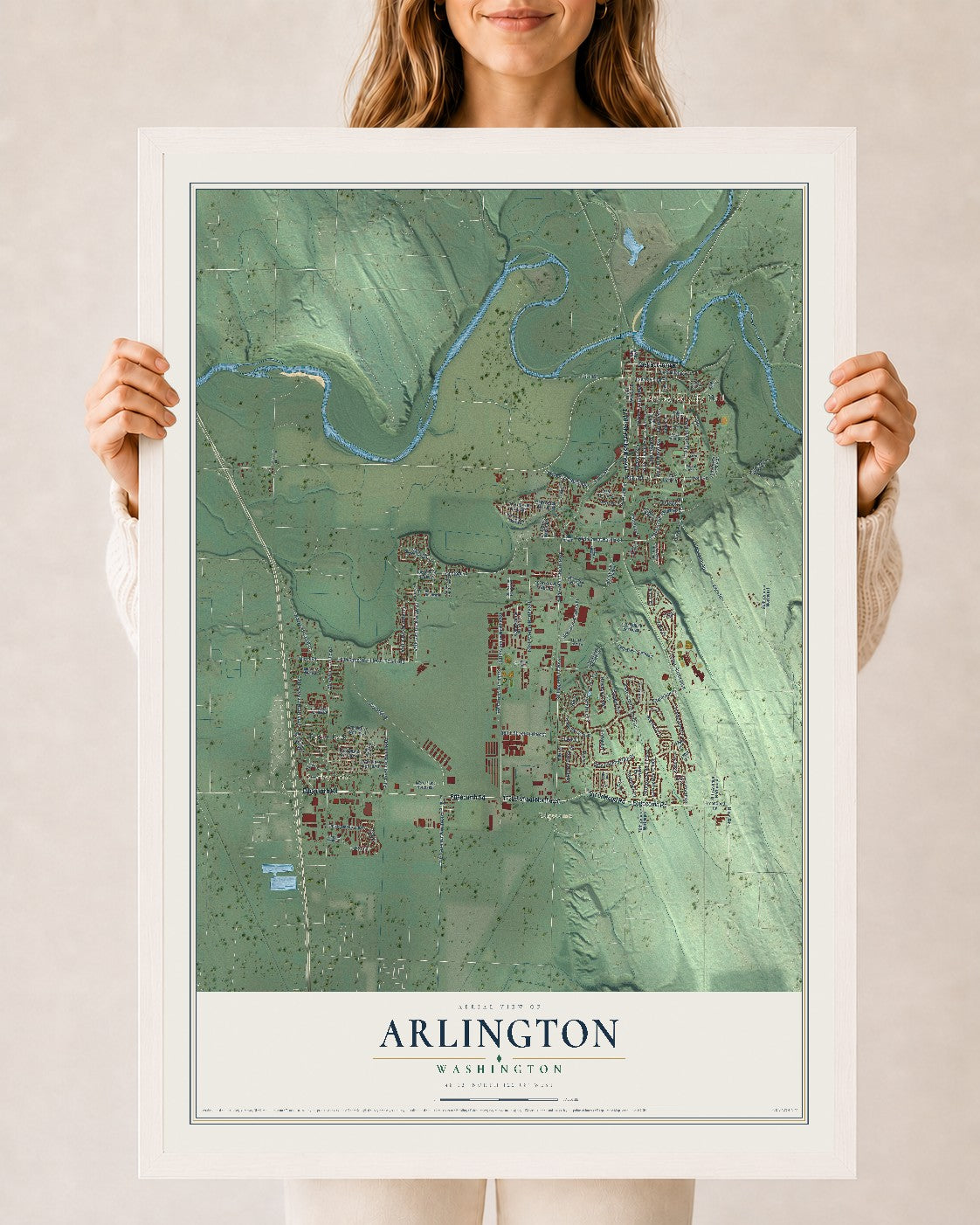 Map of Arlington, Washington, 24 x 36 inch print in a white wood frame