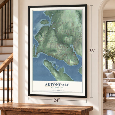 Artondale, Washington map, 24 x 36 inch print in a black frame by a staircase