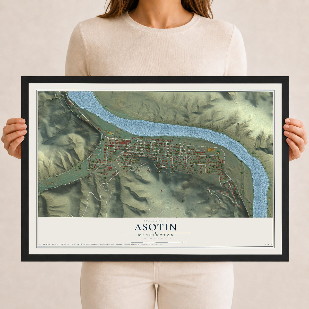 Map of Asotin, Washington, 12 x 18 inch print in a black wood frame