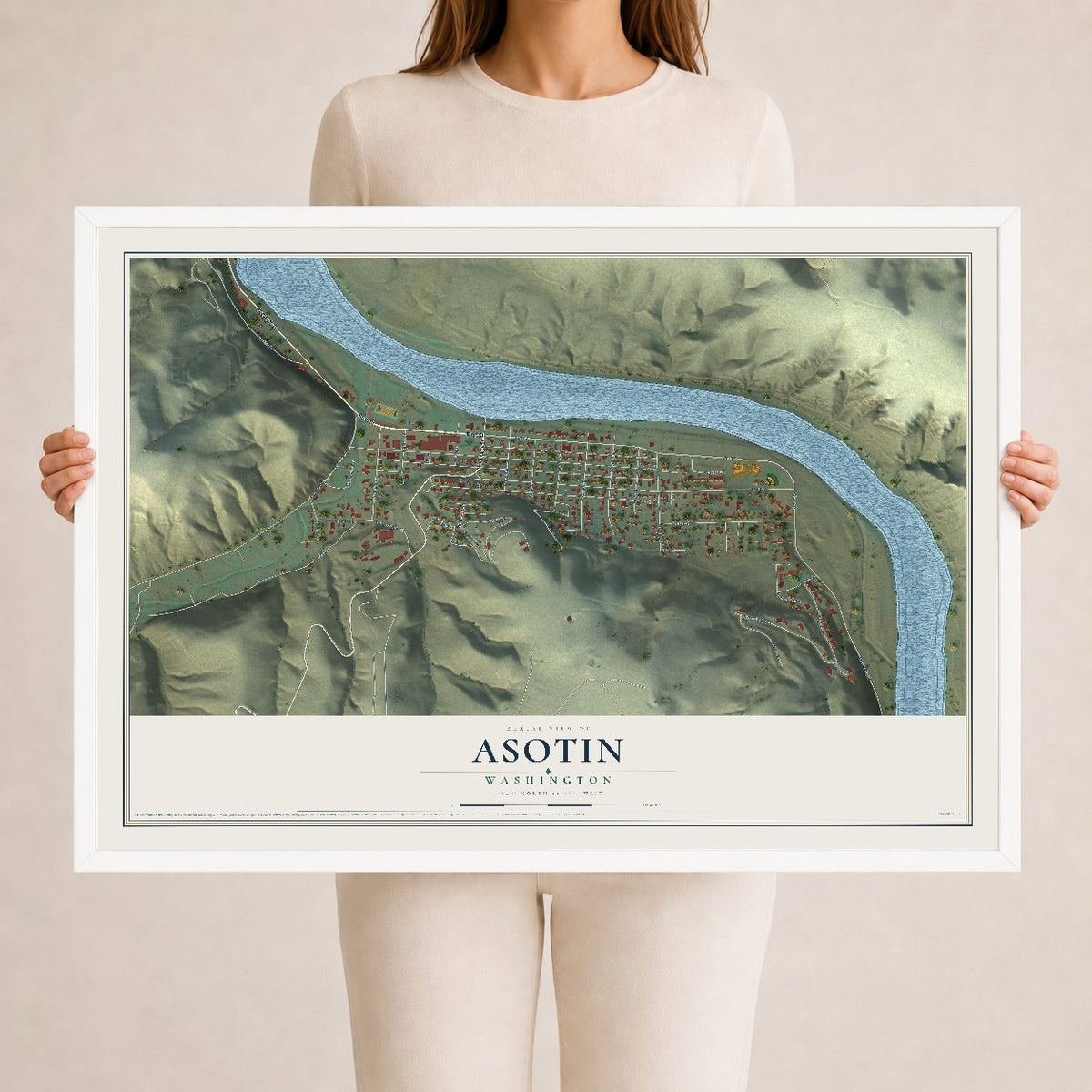 Map of Asotin, Washington, 24 x 36 inch print in a white wood frame