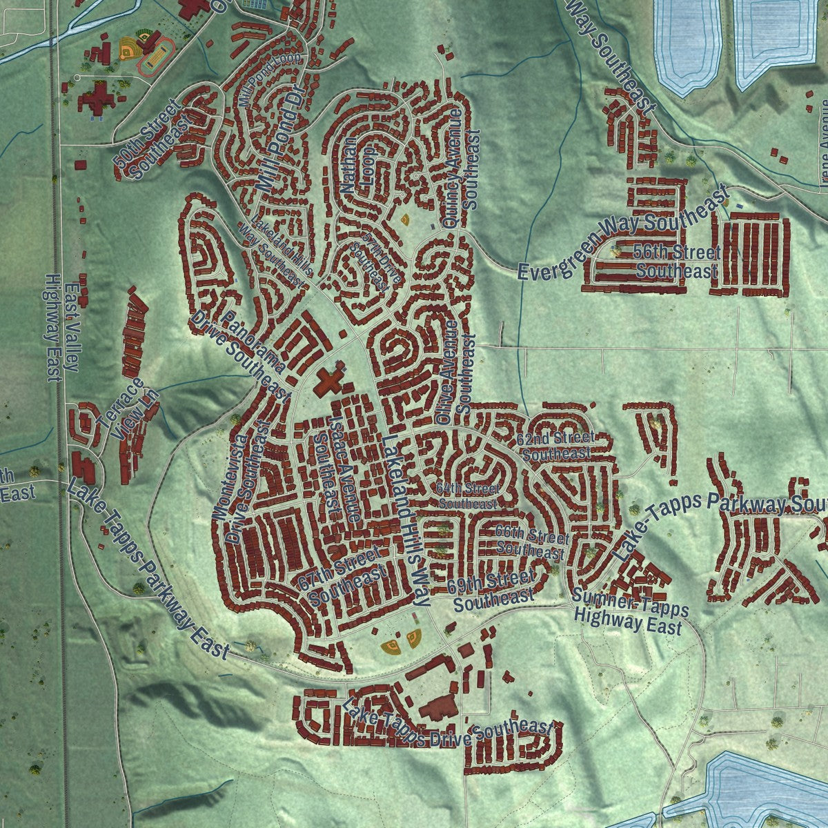 Second close-up of the map of Auburn, Washington print showing more streets and buildings