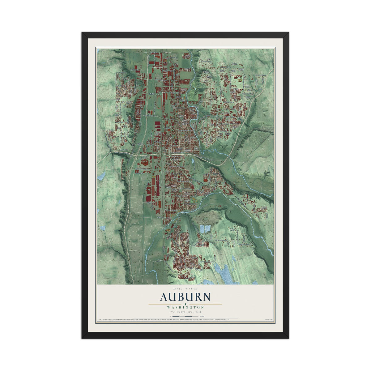 Map of Auburn, Washington, 12 x 18 inch print in a black wood frame