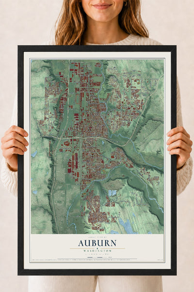 Map of Auburn, Washington, 18 x 24 inch print in a black wood frame