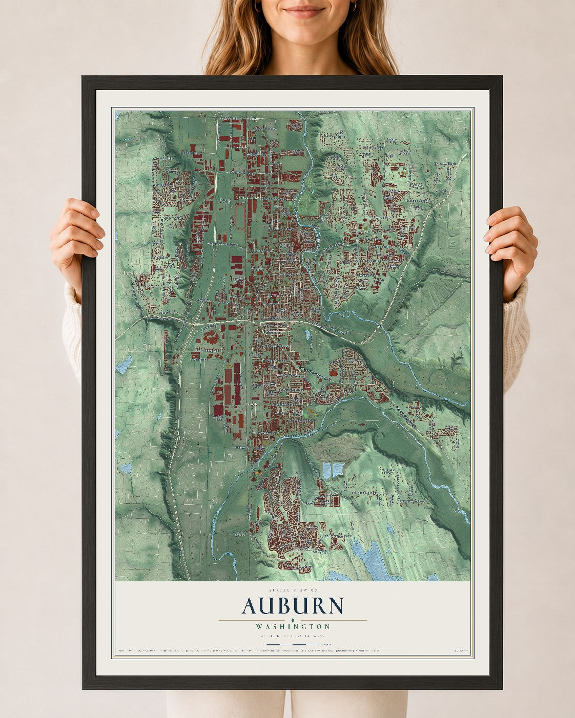 Map of Auburn, Washington, 24 x 36 inch print in a black wood frame