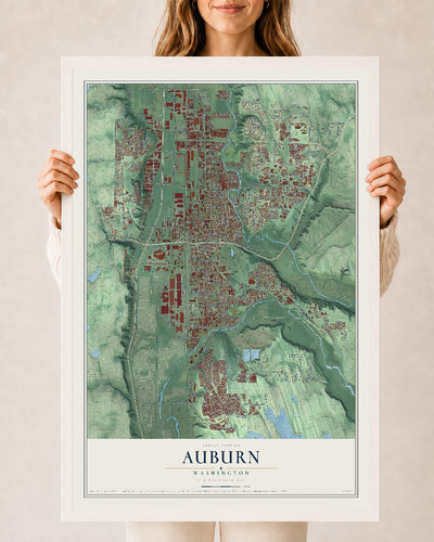 Map of Auburn, Washington, 24 x 36 inch print in a white wood frame
