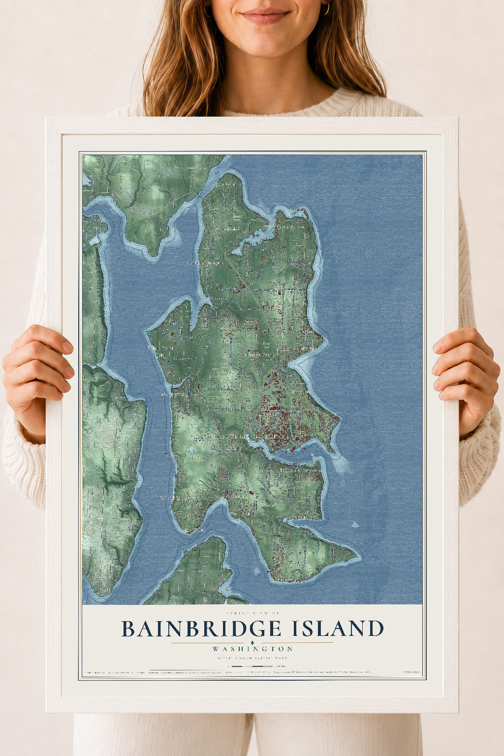 Map of Bainbridge Island, Washington, 18 x 24 inch print in a white wood frame