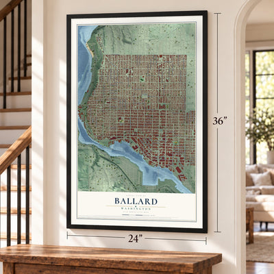 Ballard, Washington map, 24 x 36 inch print in a black frame by a staircase