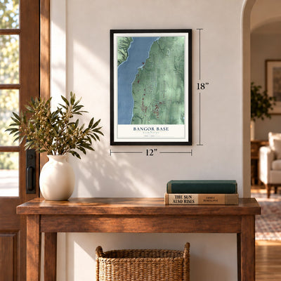 Bangor Base, Washington map, 12 x 18 inch print in a black frame in an entryway