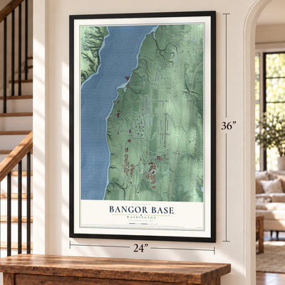 Bangor Base, Washington map, 24 x 36 inch print in a black frame by a staircase