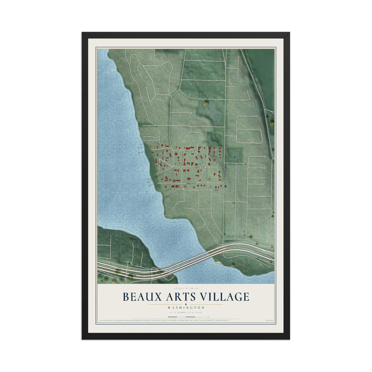Map of Beaux Arts Village, Washington, 12 x 18 inch print in a black wood frame