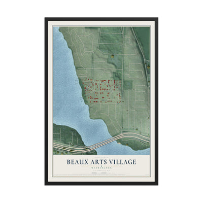 Map of Beaux Arts Village, Washington, 12 x 18 inch print in a black wood frame