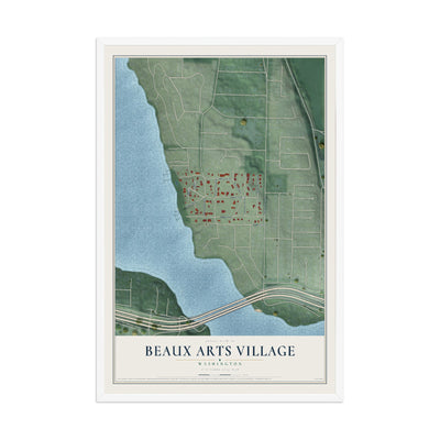 Map of Beaux Arts Village, Washington, 12 x 18 inch print in a white wood frame