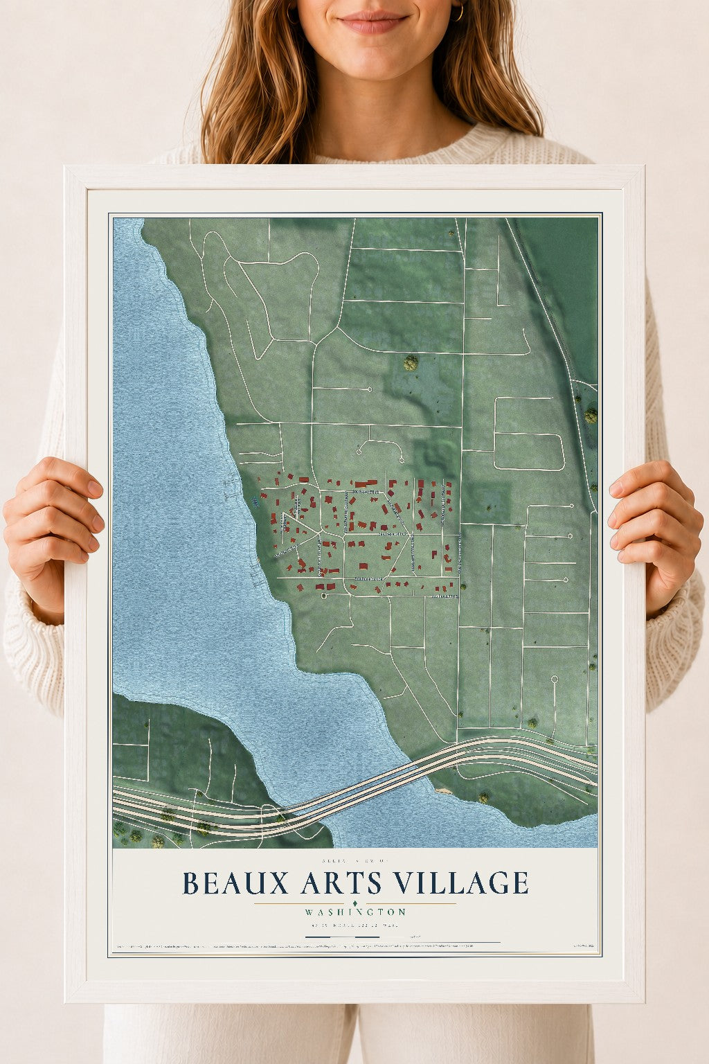 Map of Beaux Arts Village, Washington, 18 x 24 inch print in a white wood frame