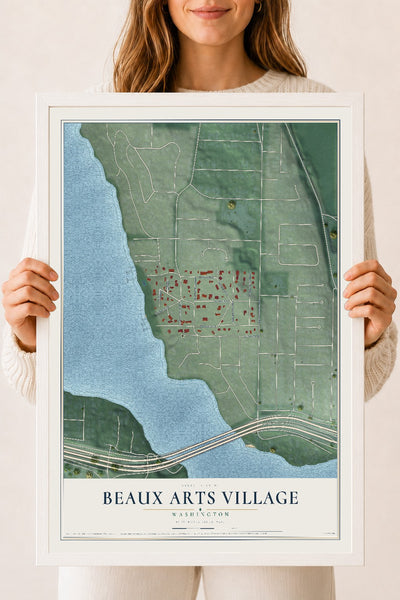 Map of Beaux Arts Village, Washington, 18 x 24 inch print in a white wood frame