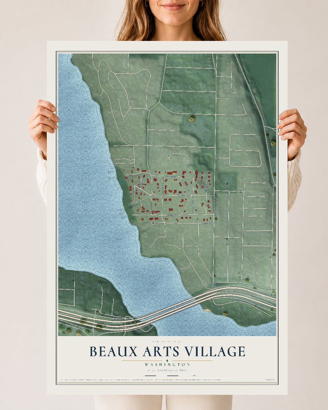 Map of Beaux Arts Village, Washington, 24 x 36 inch unframed archival matte print