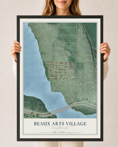 Map of Beaux Arts Village, Washington, 24 x 36 inch print in a black wood frame