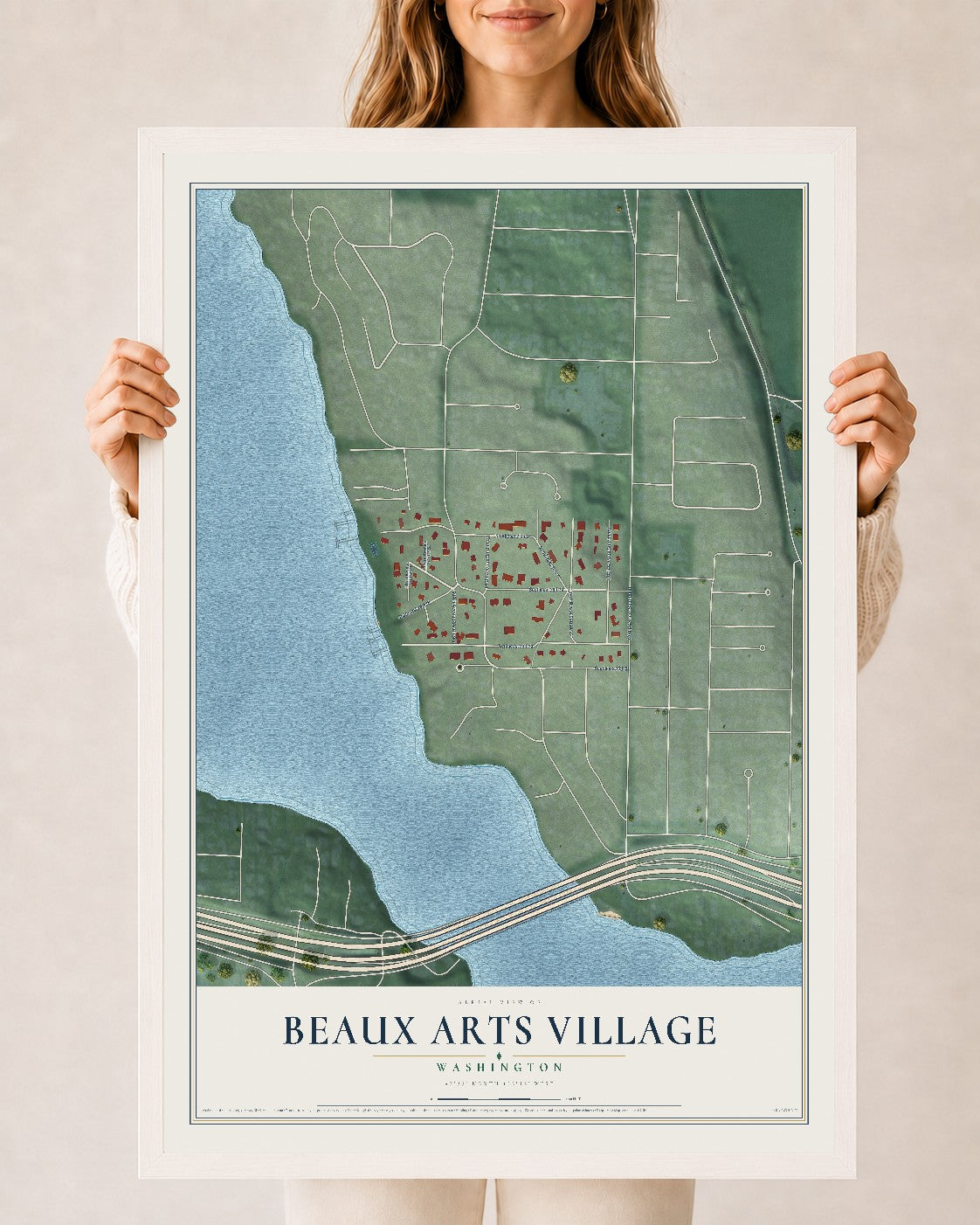 Map of Beaux Arts Village, Washington, 24 x 36 inch print in a white wood frame