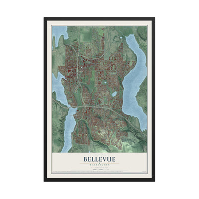 Map of Bellevue, Washington, 12 x 18 inch print in a black wood frame