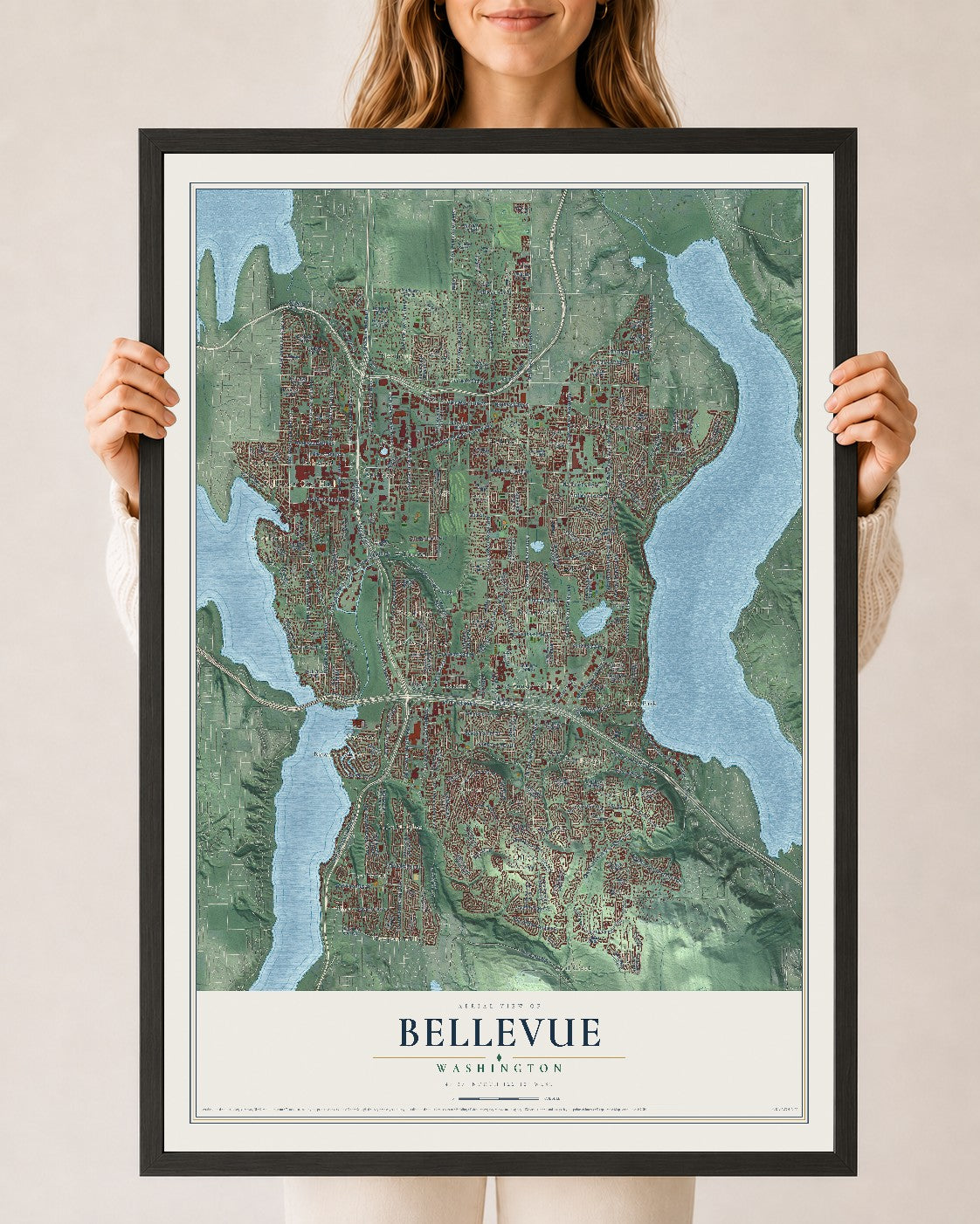 Map of Bellevue, Washington, 24 x 36 inch print in a black wood frame
