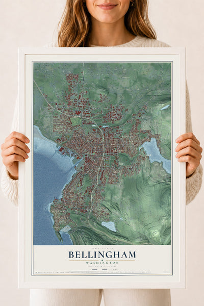 Map of Bellingham, Washington, 18 x 24 inch print in a white wood frame