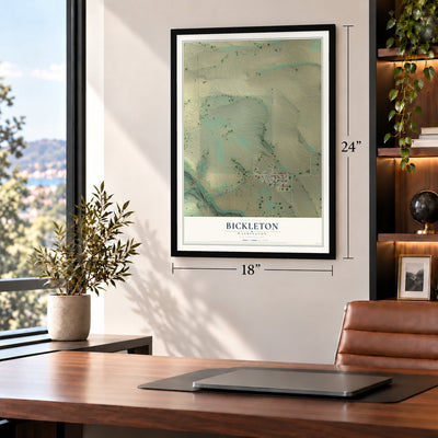 Bickleton, Washington map, 18 x 24 inch print in a black frame in a home office