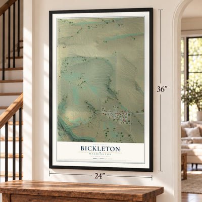 Bickleton, Washington map, 24 x 36 inch print in a black frame by a staircase