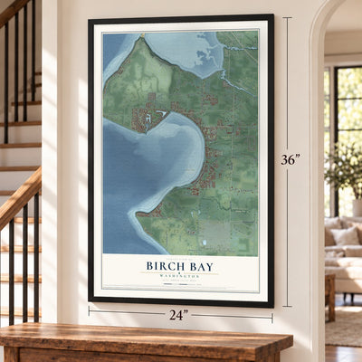 Birch Bay, Washington map, 24 x 36 inch print in a black frame by a staircase