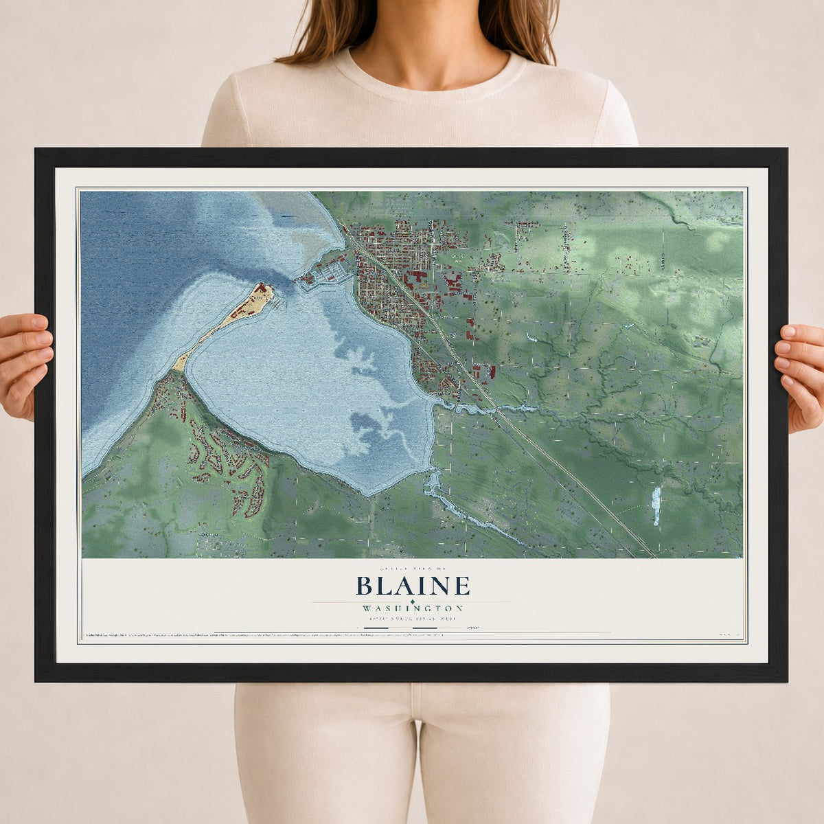 Map of Blaine, Washington, 18 x 24 inch print in a black wood frame