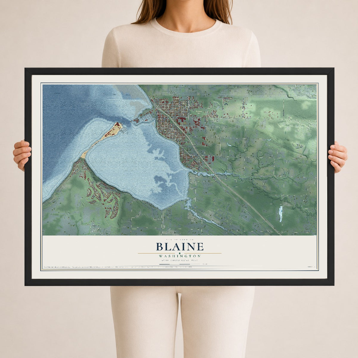 Map of Blaine, Washington, 24 x 36 inch print in a black wood frame