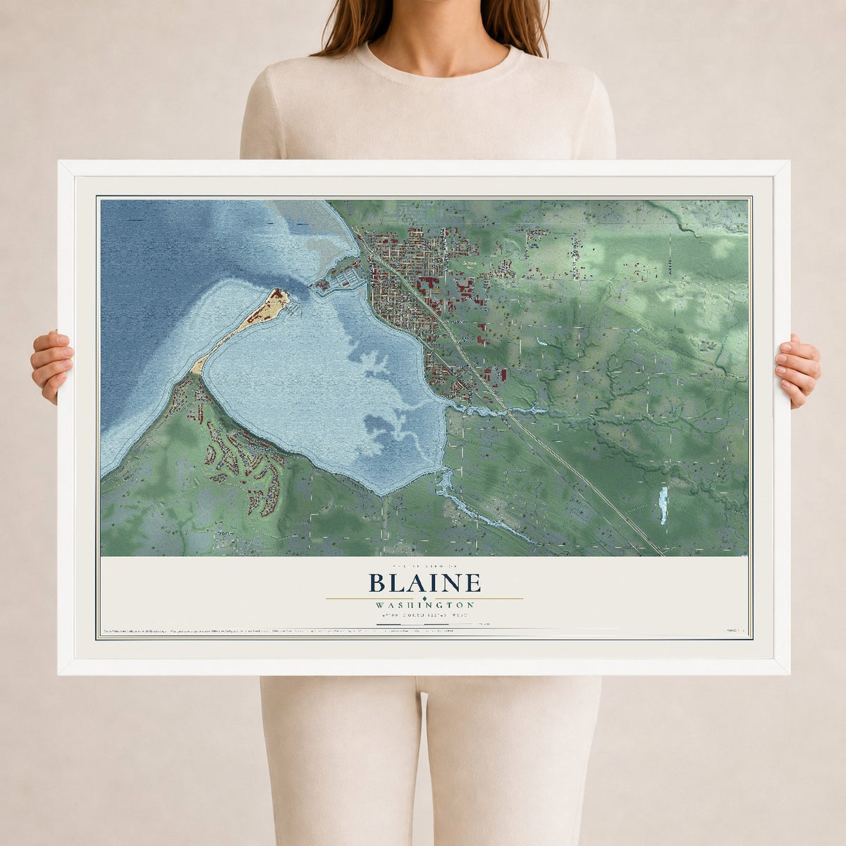 Map of Blaine, Washington, 24 x 36 inch print in a white wood frame