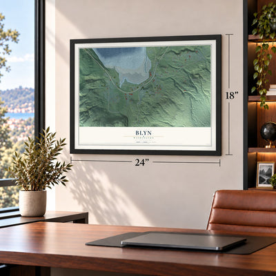 Blyn, Washington map, 18 x 24 inch print in a black frame in a home office