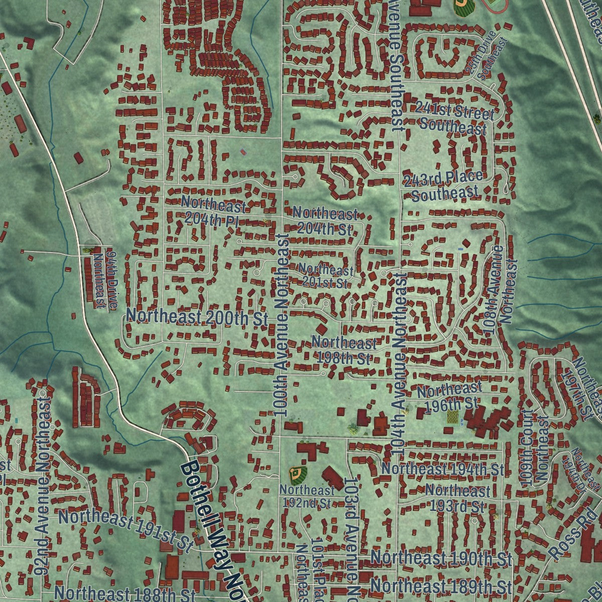 Close-up of the map of Bothell, Washington print showing street and building detail