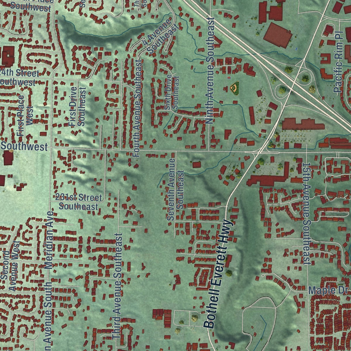 Second close-up of the map of Bothell, Washington print showing more streets and buildings