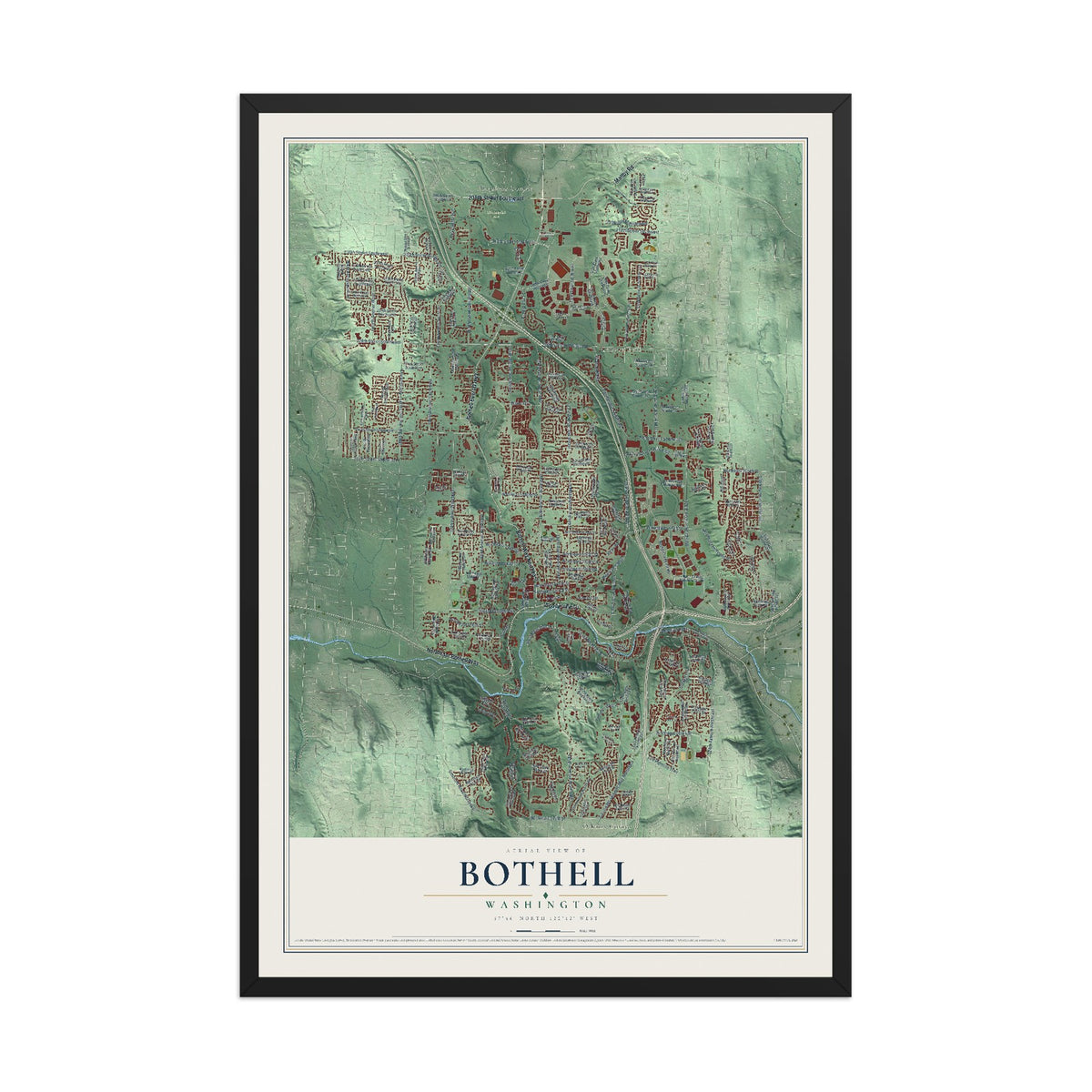 Map of Bothell, Washington, 12 x 18 inch print in a black wood frame