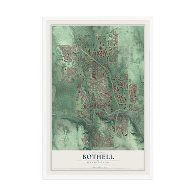 Map of Bothell, Washington, 12 x 18 inch print in a white wood frame