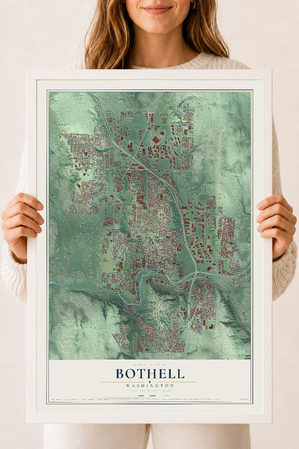 Map of Bothell, Washington, 18 x 24 inch print in a white wood frame